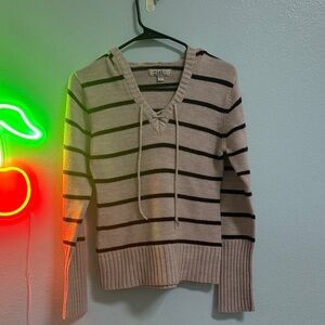 lei Beige Cream Stripe V-Neck Sweater with Black Stripes